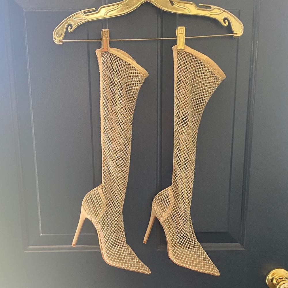 Gold Mesh Rhinestone Stiletto Heel Knee Boots - Size 9